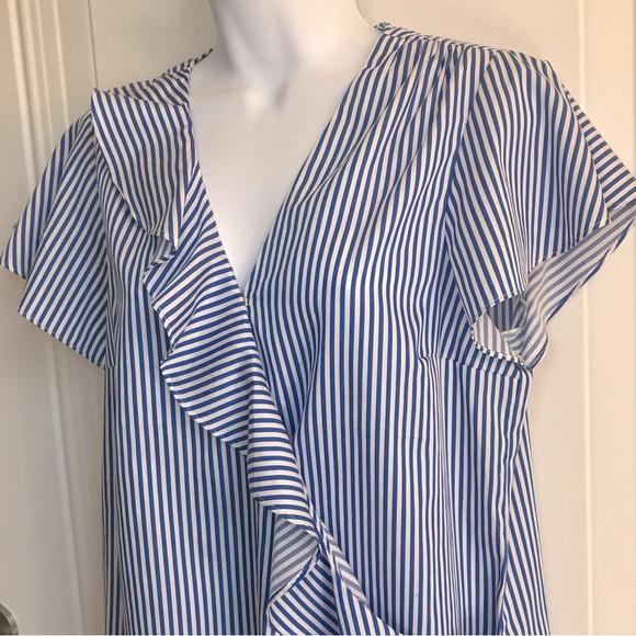 🔴 4/$15 Draper James Cotton Blue White Stripe Ruffle Front Blouse size 6 NWT - Picture 7 of 15